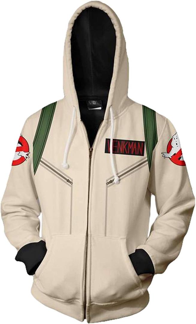 Mens Ghoul Hunter Hoodie Backpack Jacket Zip Up Hunter Coat Sweatshirt (M, Venkman)