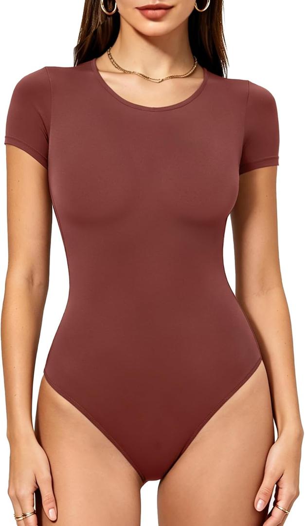 Women's Double-Lined Round Neck Short Sleeve Bodysuit Stretchy T-Shirt Body Suits Basic Tops for 2026 Summer Wear