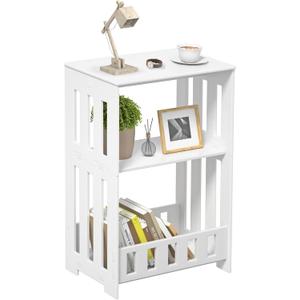 3 Tier Side Table Night Stand, Narrow End Table with Display Shelf, Small Bookcase Bookshelf, Simple Bedside Table Storage Rack for Bedroom, Living Room, Office, Bathroom, White