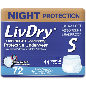 LivDry Adult S Incontinence Underwear, Overnight Comfort Absorbency, Leak Protection, Small, 72-Pack