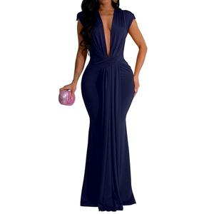 Memoriesea Women's Elegant Sleeveless Deep V Neck Bodycon Party Evening Gown Maxi Dress Dark Navy XL