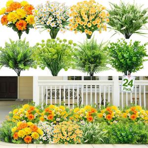 24 Bundles Artificial Flowers for Outdoors & Faux Plants UV Resistant Fake Silk Dahlia Daisy Fern Lavender Boxwood Shrub for Summer Gardens Porch Home Window Box Indoor Outdoor Cemetery Decor, Mixed
