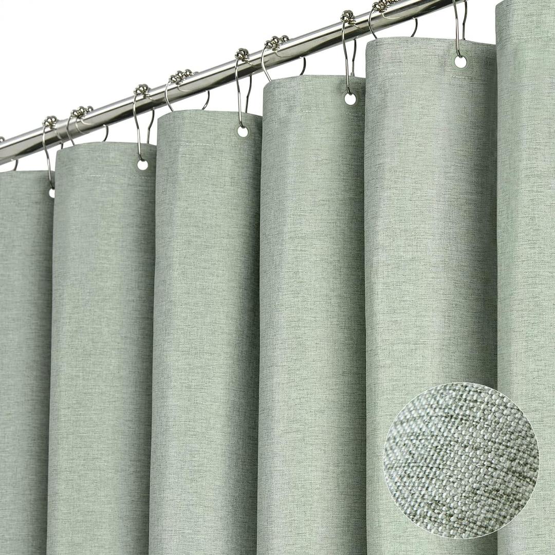 BTTN Fabric Shower Curtain, Linen Textured Heavy Duty Polyester Cloth Shower Curtain Set with Plastic Hooks, Sage Green, 72x84