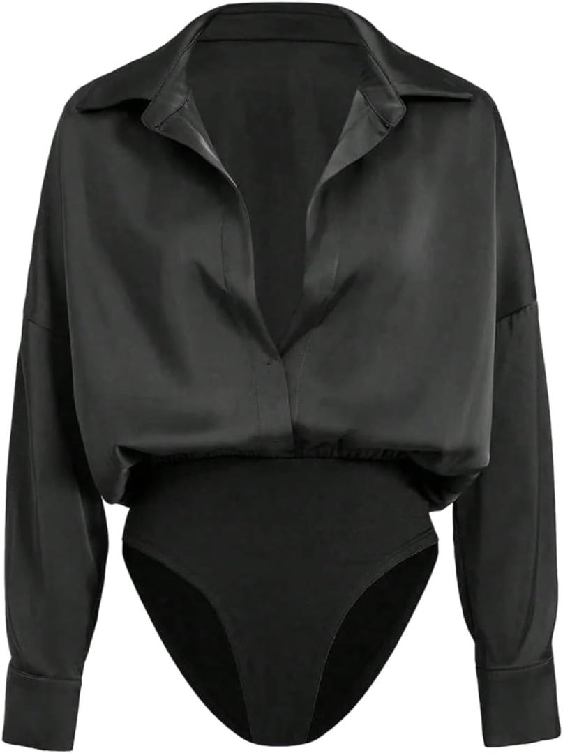 GORGLITTER Women's Deep V Neck Long Sleeve Shirts Bodysuit Satin Button Down Party Night Sexy Leotard Tops (Black) XL