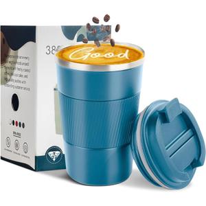 YINBAOGE Insulated Travel Coffee Mug, Spill & Leak Proof, Portable To Go Camping Stainless Steel Coffee Tumbler, Reusable Thermal Coffee Cup with Lid for Hot & Cold Drinks (Blue, 12 OZ)