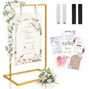 Wedding Sign Holder - Adjustable Welcome to Our Wedding Sign Stand Stand with 39 Premium Templates & Leather Straps, 64"x 30"x 20" Heavy Duty Easel Stand for Sign Display Poster, Wedding, Birthday