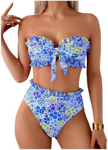 SOLY HUX Women's Bandeau Bikini Set Tie Knot Front Frill Strapless High Waisted Bathing Suit Two Piece Swimsuit, S