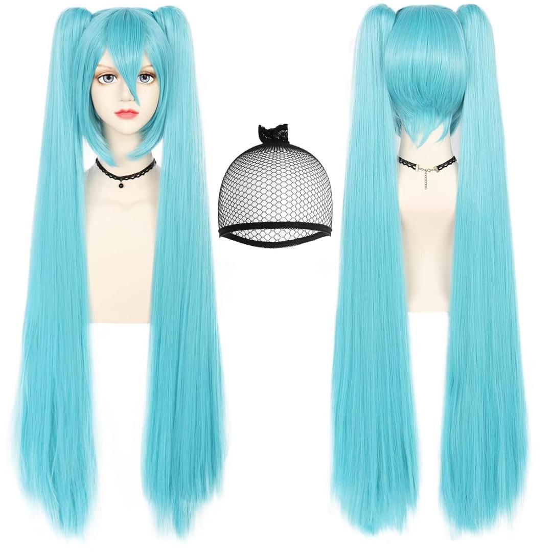 ANOGOL Hair Cap+ 120CM Blue Ponytail Wig Cosplay Lolita Wigs with Double Ponytails Long Straight Blue Cosplay Wigs Synthetic Hair Party for Anime Costume Halloween Outfit