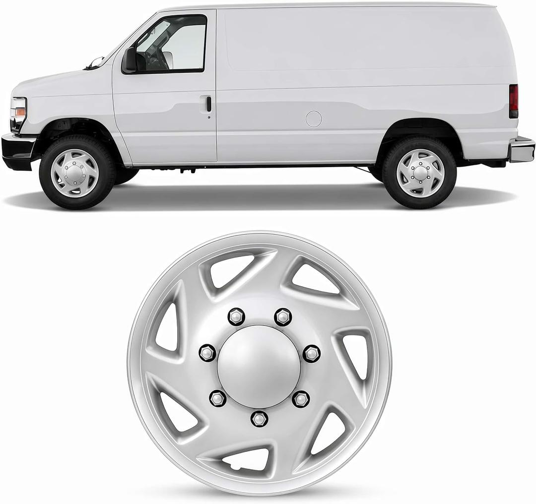 16 Inch Silver Hubcaps Compatible with 1998-2023 Ford E-150 E-250 E-350 Van, 8-Lug Wheel Covers for Factory Steel Wheels, Replace F8UZ-1130-AA F7UZ-1130-AA, Set of 4