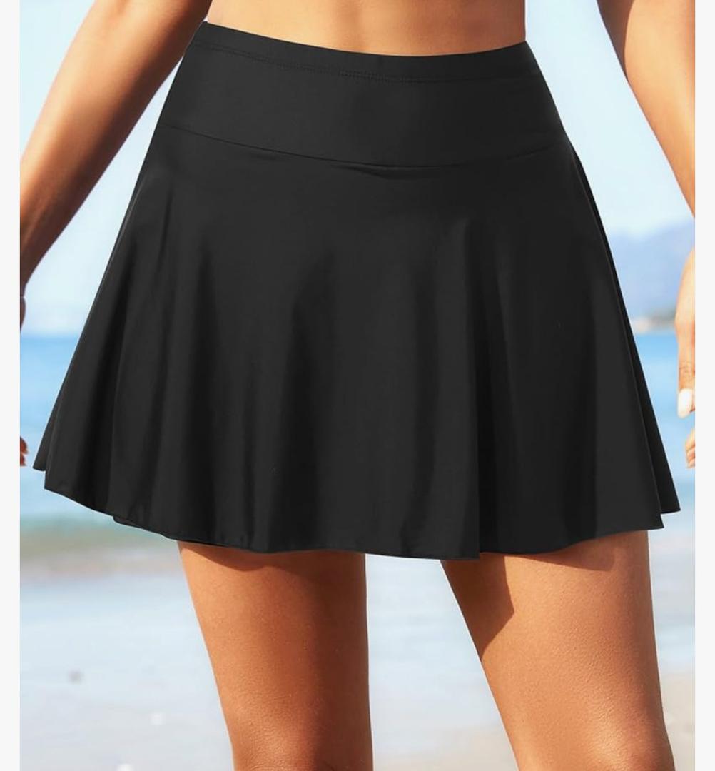 Tempt Me Women High Waisted Swim Skirt Tummy Control Swimsuit Bottom Bathing Suit Skirt with Panty, Black, XL
