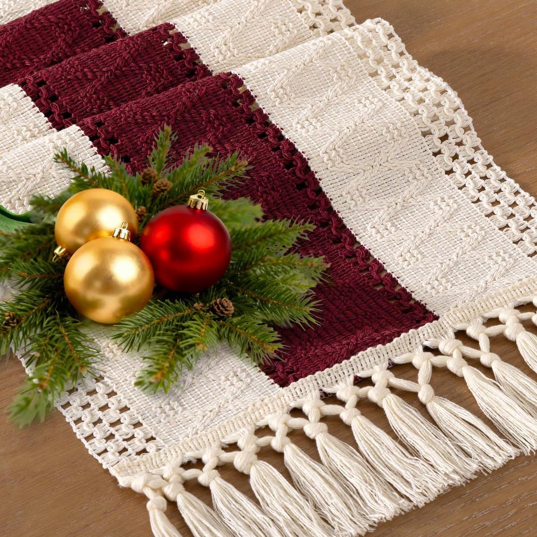 Socomi Boho Table Runner Macrame Valentine's Day Farmhouse Woven Cotton Linen Rustic Coffee Table Runner with Tassels for Dresser Scarf Home Decor Dining Room 12x90 in Burgundy Ivory