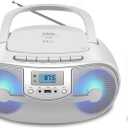 Portable Stereo CD Player Boombox, FM Radio with Bluetooth, Remote Control,CD Players for Home with Headphone/Mic Jack, LED Light Support CD-R/RW/MP3, USB, AC/Battery Operated, White