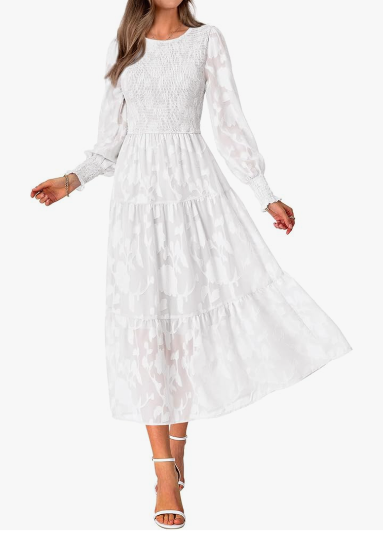 BTFBM Wedding Guest Dresses for Women Fall Fashion 2025 Casual Long Sleeve Floral Maxi Boho Homecoming Dress(white, Medium)