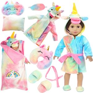 American 18 inch Doll Clothes and Sleeping Bag Set - Rainbow Unicorn Doll Costume with Unicorn Style Sleeping Bag, Pillow, Eye Mask Slumber Party Accessories Fits 18 Inch (NO Dolls)