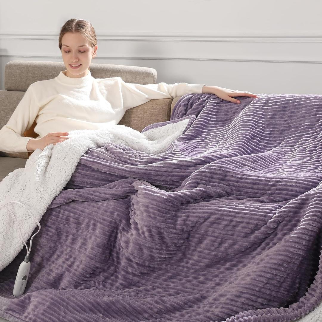 Electric Throw Heated Throw 50''x60'', Striped Flannel & Thicker Sherpa, 5 Heat Settings & 4 Hour Auto Off with FCC/ETL Certified, Overheat Protection & Machine Washable, Great Gift, Lavender Purple