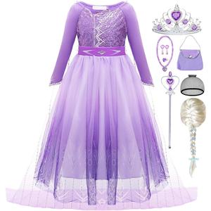 Elsa Dress for Girls Purple Princess Costume for Kids Cosplay with Wig for Halloween Party (Purple)