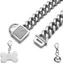 Dog Chain Collar Silver Cuban Link Dog Necklace with Cubic Zirconia Design Buckle Collar with Dog tag, Bell,10/14/18MM Wide Stainless Steel Walking Training Collar for Dogs (18mm,14'')