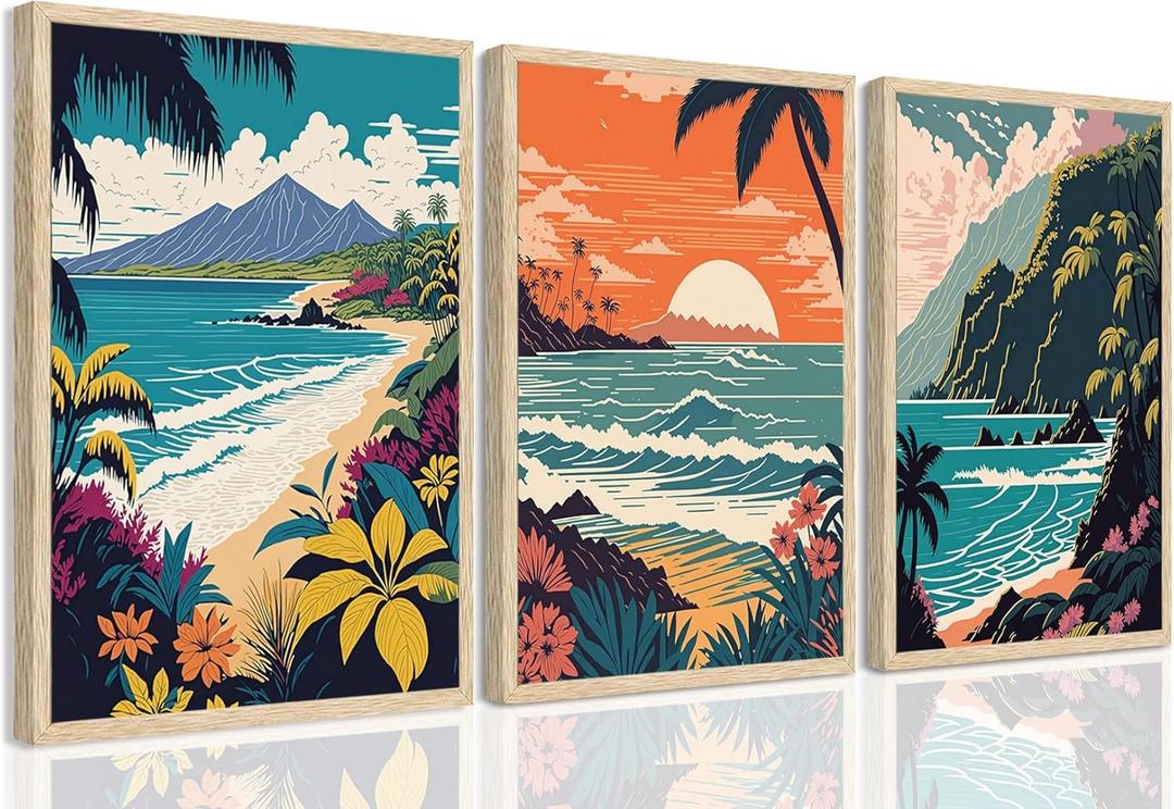 YUFEIART 3 Piece Framed Hawaii Travel Wall Art Retro Exotic Tropical Canvas Art Tropical Beach Landscape Pictures Wall Decor Ocean Sunset Art Prints for Living Room Bedroom 12"x16"