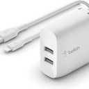 Belkin 24W Dual Port USB Wall Charger - Lightning Cable Included - iPhone Charger Fast Charging - USB Charger Block for Power Bank, iPhone 14, iPhone 13, iPhone 12, iPhone 11, iPad Pro, Samsung & more