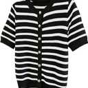 OYOANGLE Women's Short Sleeve Sweater Spring Summer Crochet Knit Top V Neck Striped Button Down Dressy Casual Blouse (M)