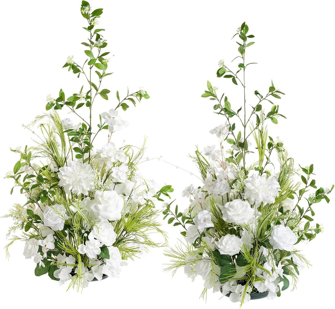 Ling's moment 41.0" Tall Free-Standing Wedding Aisle Artificial Flowers for Ceremony Decor, 2PCS White Walkway Floral Chair Markers, Faux Rose Altar Arch Arrangement Spring Decorations Outdoor