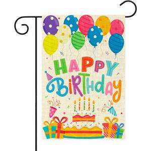 WATINC Happy Birthday Garden Flag Burlap Yard Signs Vertical Double Sided Readable Birthday Cake Banner House Flags Poster Party Decorations Supplies for Indoor Outdoor Lawn 12.4 x 18.2 Inch(Beige) (Multicolor)