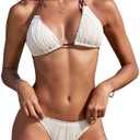 ZAFUL Women Swimsuit Bikini Set Two Piece Halter Textured Bathing Suit Cheeky Triangle Bottom Double Straps Adjustable, S