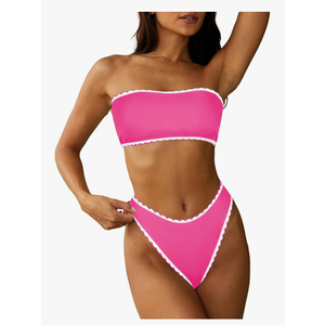 ZAFUL Women Strapless Textured Bandeau Bikini 2 Piece Swimwear Cheeky Solid Lace up Bathing Suits S