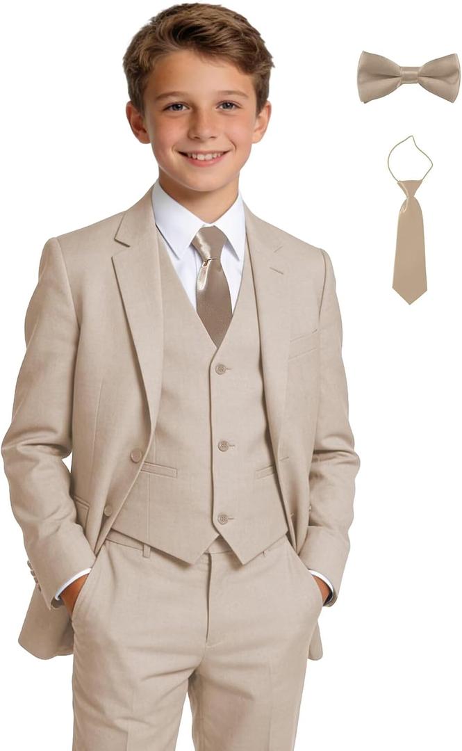 Boys Suits Wedding Ring Bearer Outfits Kids Dress Clothes Easter Prom Formal Tuxedo Suit Set with Bowtie, Tie, 7Y