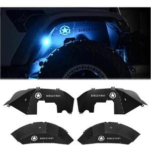 Front & Rear Inner Fender Liners Wheel Cover for 2018-2024 Jeep Wrangler JL JLU Unlimited Bolt-on Wheel Liners Engine Protection with Light & Star Logo, 4 PCS 