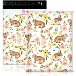 JarThenaAMCS 50 Pcs Easter Floral Bunny Poly Mailers 10 x 13 Inch Boho Flower Rabbit Packaging Bags Self Seal Mailing Envelope Bags for Small Business Clothing Document