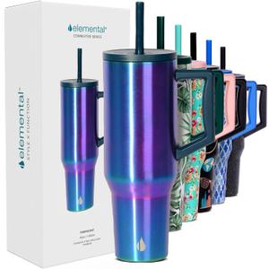 Elemental 40 oz Tumbler with Handle and Straw - Spill Proof Insulated Stainless Steel Commuter for Cold Beverages - Travel Coffee Mug with 2 Straws & Spill Proof Lid - 40oz - Iridescent