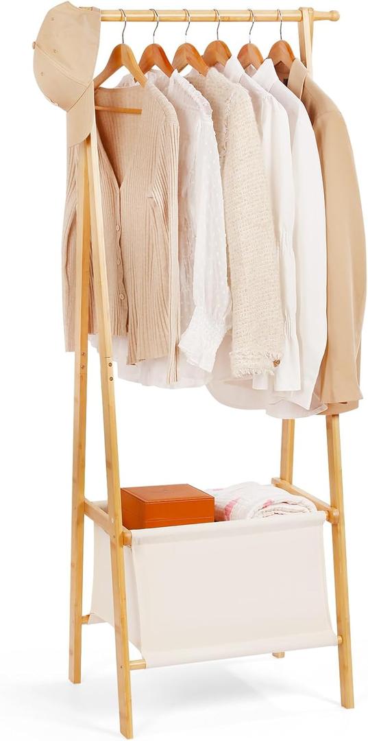 Bamboo Clothes Rack with Storage Box, Portable Extra Large Garment Rack Clothing Rack, Foldable Wardrobe For Entryway and Bed Room (S)