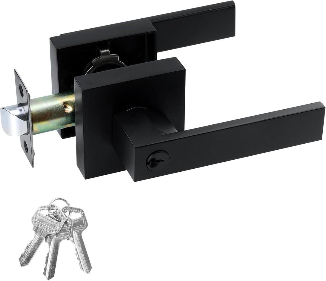 JO.KO Entry Door Lock Set, Square Door Lever for Bedroom, Passage Door Privacy Locking Interior/Exterior Entry Door Knob/Heavy Duty (1 Pack, Matte Black)