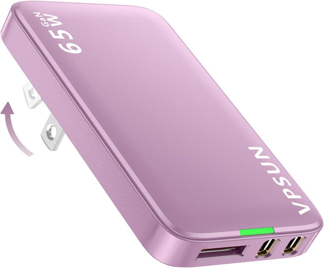 65W GaN USB C Wall Charger Block, 3 Port Ultra Thin Flat Charging Plug, Foldable Power Adapter for MacBook, iPhone 15/16, Samsung (Pink, 65w)