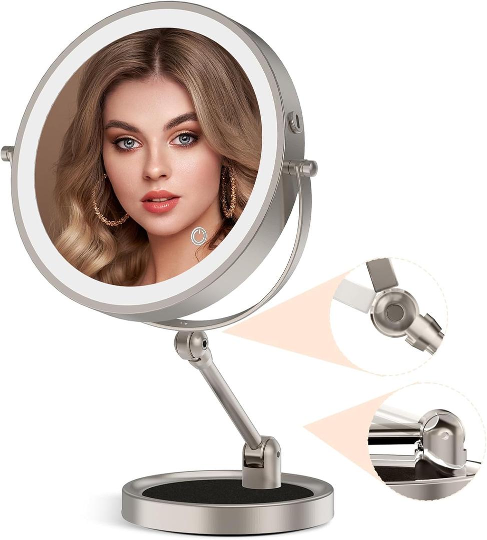Rocollos Tabletop Makeup Mirror with Built-in Vanity Tray, 9" Rechargeable Lighted Vanity Mirror 1X/10X Magnification, 4000mAh, Height-Adjustable Arm, 3 Color Dimmable  No Drilling Needed (Nickel)