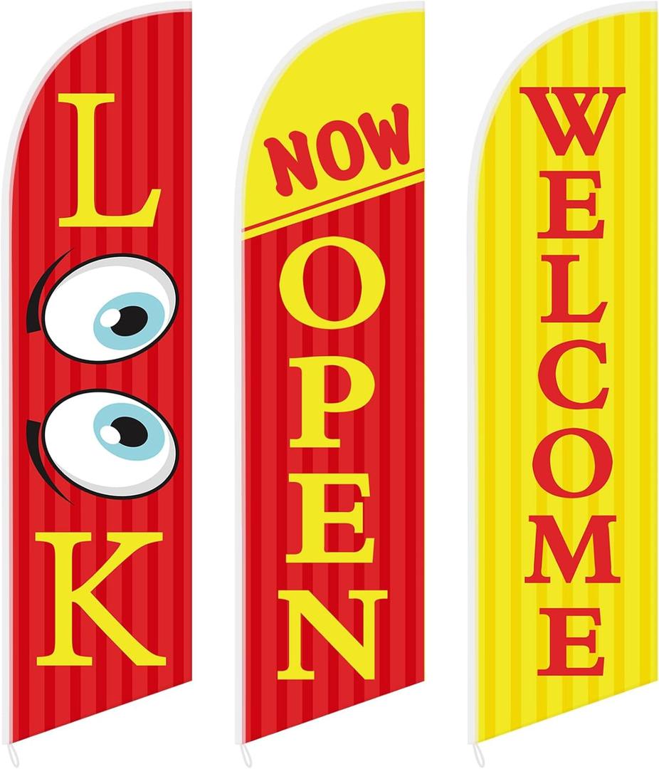 Mindsoft 3 Pcs 12 Feet Open Themed Feather Flag for Business Advertising Outside Look Now Open Welcome Red Yellow Flag Banner for Grand Openings (Pole Hardware Not Included)