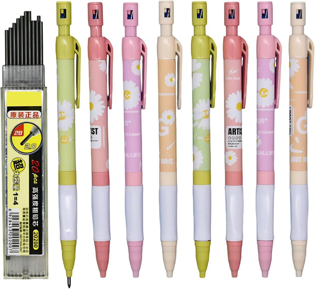 12 Pcs 2.0 mm Mechanical Pencils Thick 2B Pencils Daisy Pencils With 20 pcs Refills And Sharpeners for Art Drawing Writing Sketching Construction