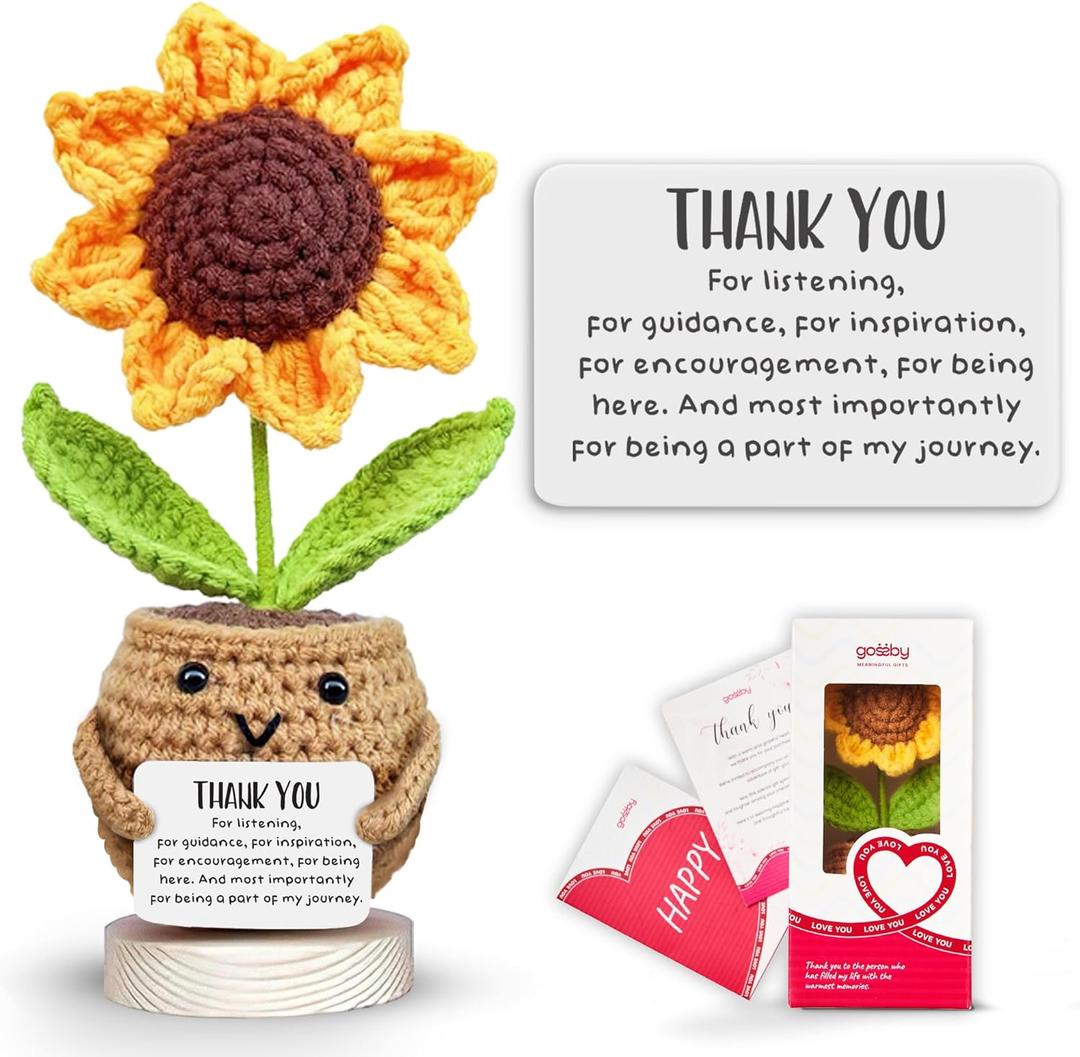 3 x Gossby Handmade Positive Sunflower Doll Crochet with Card - Thank You for Listening - Appreciation Gift for Coworker, Friend - Mothers Day Christmas, Birthday, Thank You Gift Women, Men