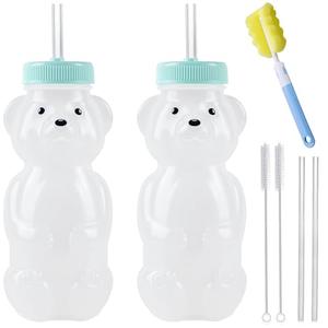 Honey Bear Straw Cups, Juice Bear Bottle Drinking Cup Long Straws with 4 Flexible Straws & Cleaning Tools, 8-Ounce Therapy Sippy Bottles for Speech and Feeding Training, Food-Grade & BPA Free 2 Pack