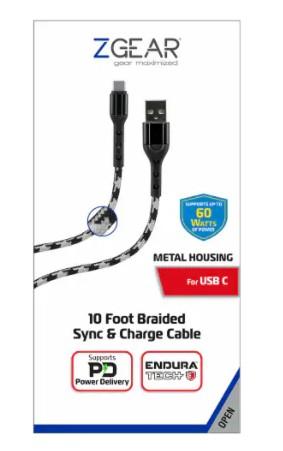 ZGear 10 Foot Braided Sync & Charge Cable - White/Black