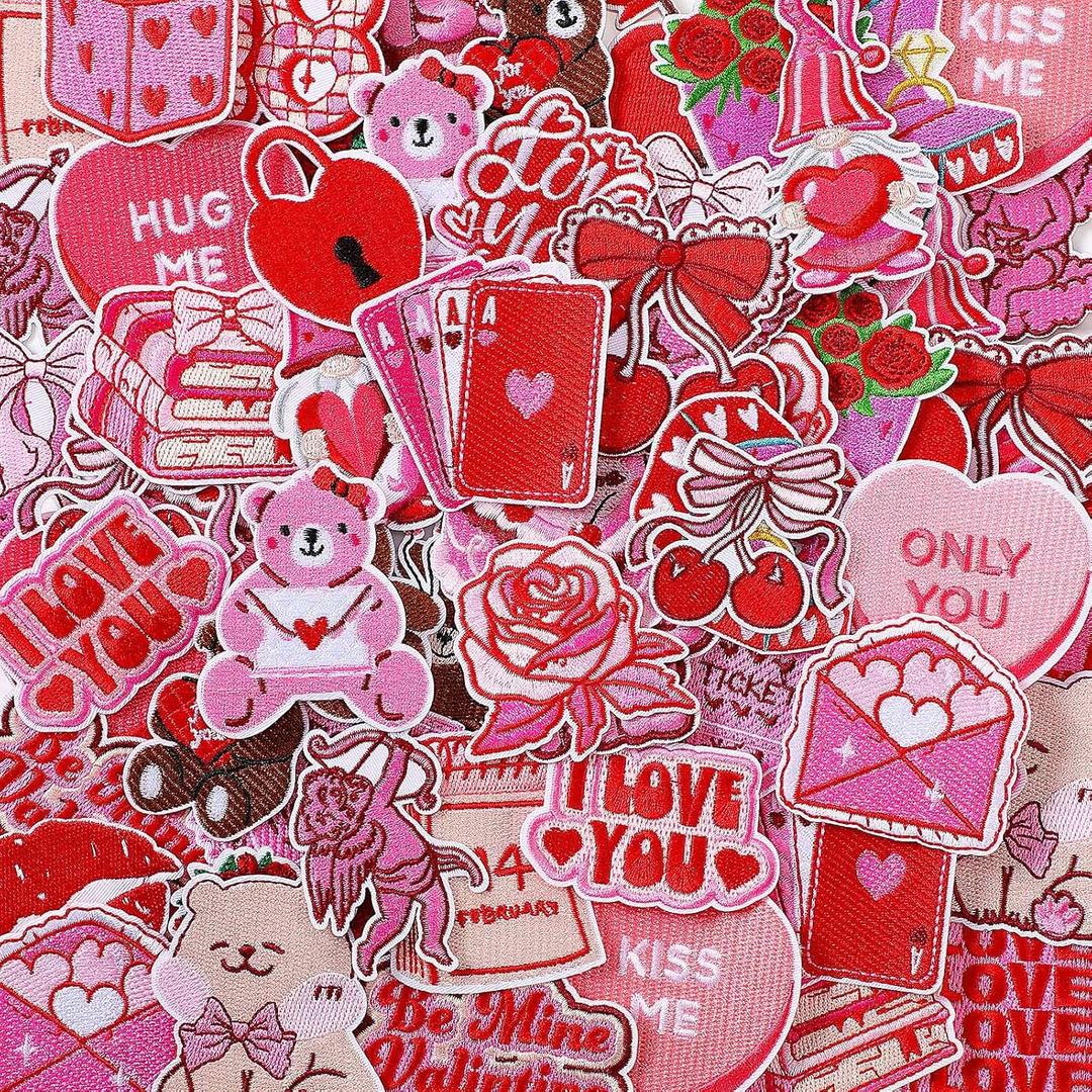 72 Pcs Valentine's Day Iron on Patches Bulk DIY Pink Valentines Embroidered Sew Applique Repair Patch Envelope Heart Love Bow Gnome Sew on Applique Patches for Clothes Jackets Bags Hats Jeans