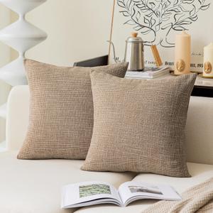 Kevin Textile Textural Faux Linen Throw Pillow Covers 18x18 Inch Cushion Netural Farmhouse Shams for Couch Sofa Bedroom, Invisible Zipper, 45x45CM(Set of 2, Natural Linen)