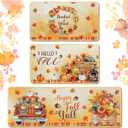 3 Pcs Thanksgiving Fall Rugs and Mats Set Happy Autumn Farmhouse Non Slip Doormat Pumpkin Maple Leaf Floor Rugs for Harvest Kitchen Bar Office Party Home Decor, 17 x 29 and 17 x 47 Inch