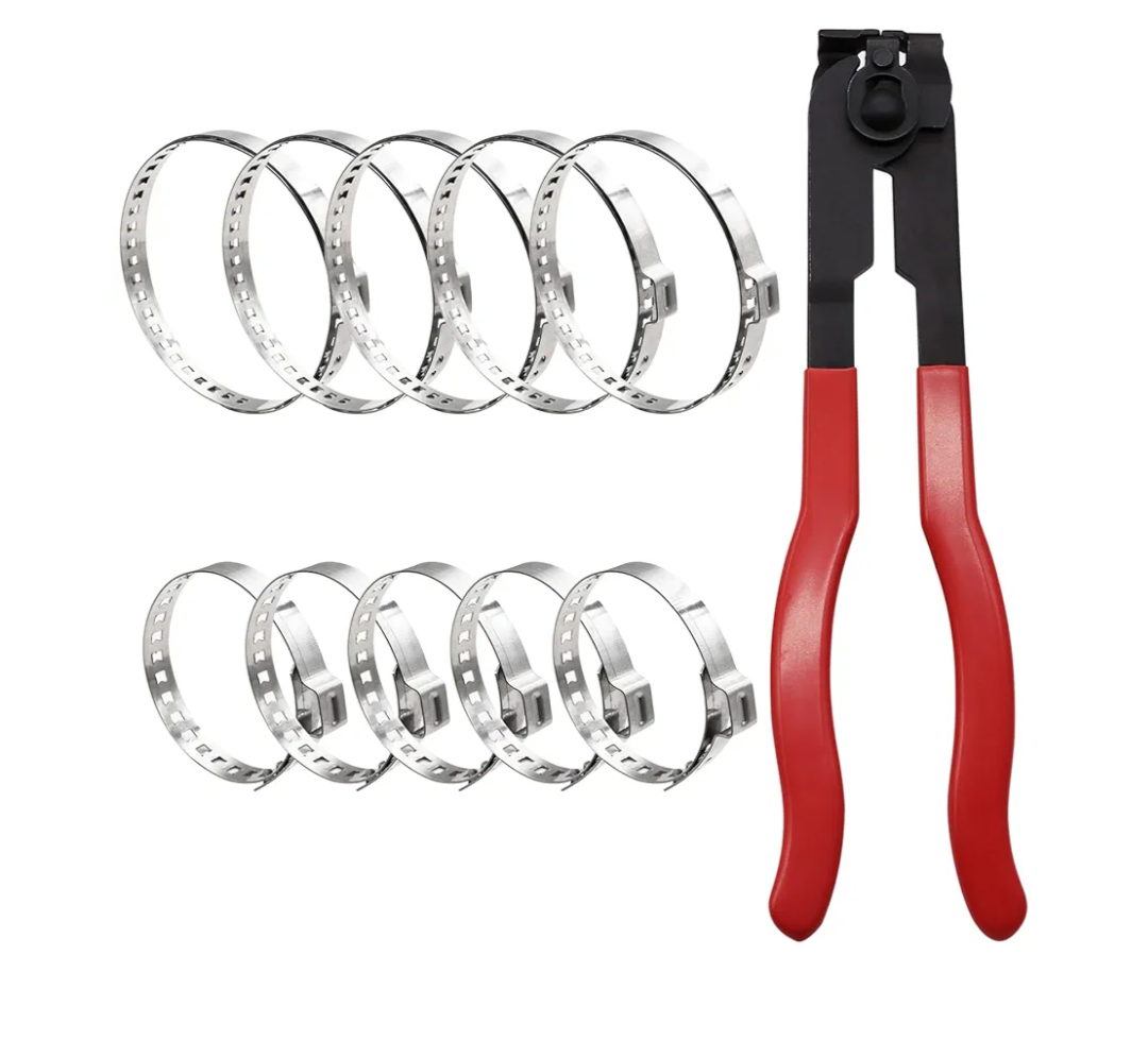 CV Boot Clamp Plier with 10PCS 304 Stainless Steel Crimp Bands, 5PCS Small and 5PCS Large Universal Adjustable Drive Shaft Drive Shaft Joint Boot Crimp Clamps for Most Cars
