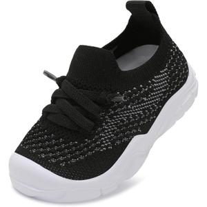 FEETCITY Toddler Sneakers Toddler Walking Shoes Boys Girls Toddler Tennis Shoes Lightweight Brethable Kids Slip On Shoes (Black White), 3 Toddler