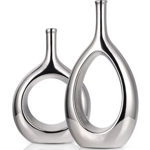 Glossy Silver Vase Ceramic Silver Vases Home Decor,Modern Minimalist Circle with Hole Decorative Vase, Hollow Ellipse Flower vases for Bookshelf, Fireplace Mantle, Centerpieces,Farmhouse,Rustic Dcor