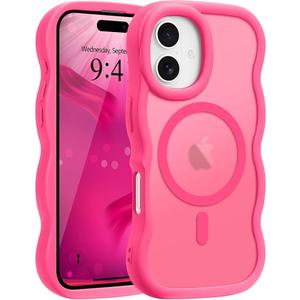 for iPhone 17 Pro Max Case, Curly Wavy Frame Hard Translucent Matte Clear Back Cover for Women Men Compatible with Magsafe Shockproof TPU Bumper Phone Case for iPhone 17 Pro Max, Hot Pink