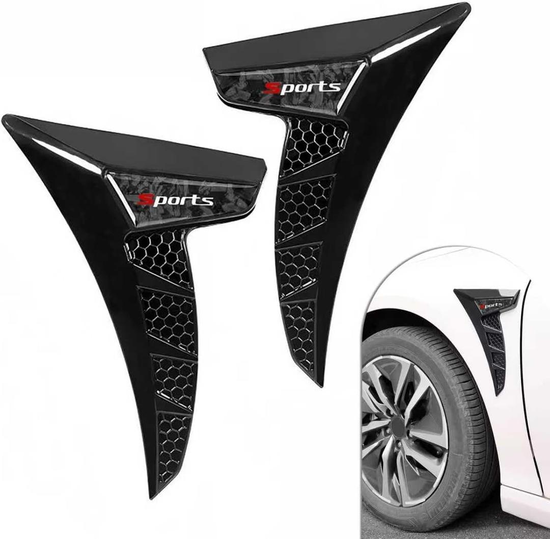 2 PCS Car Fender Side Vents, TPU Shark Gill Side Air Flow Hole Grille with Sports Logo, Cool Personality Fender Vent Trim Covers, Self-Adhesive Spoiler Exterior Decorations for Cars (Black)