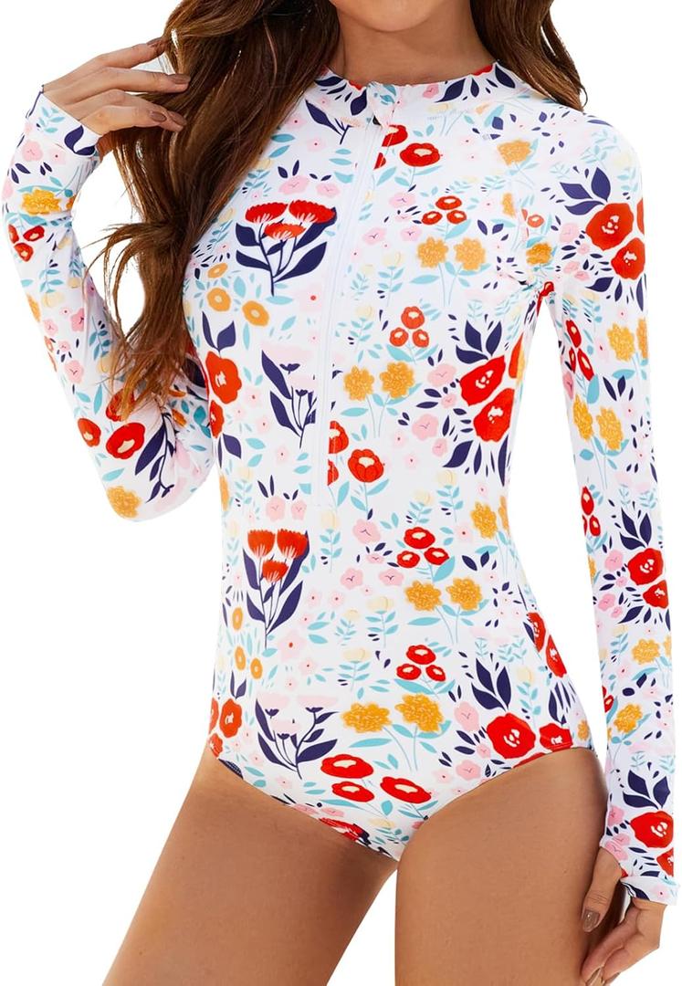 Women's Long Sleeve Swimsuit One Piece Rash Guard UV Protection Bathing Suit Printed Surfing Small